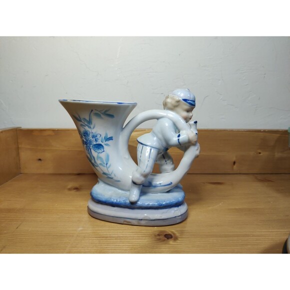 Vintage L&M Inc Blue White Horn Blowing Boy Vase 5" - Picture 1 of 9